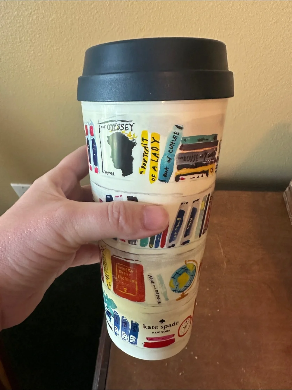 kate spade Cream Travel Tumbler with Book & Globe Motif